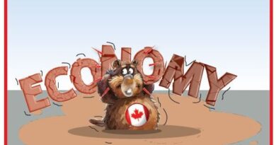 Cartoon beaver with a Canada flag emblem sits in a muddy puddle, with large 3D letters spelling ECONOMY behind it.