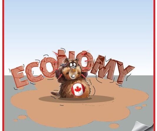 Cartoon beaver with a Canada flag emblem sits in a muddy puddle, with large 3D letters spelling ECONOMY behind it.