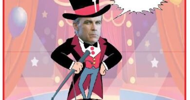 Caricature of a man in a magician's top hat and cape standing on a red circus stool on stage, saying, 'I am not the Ringmaster'.