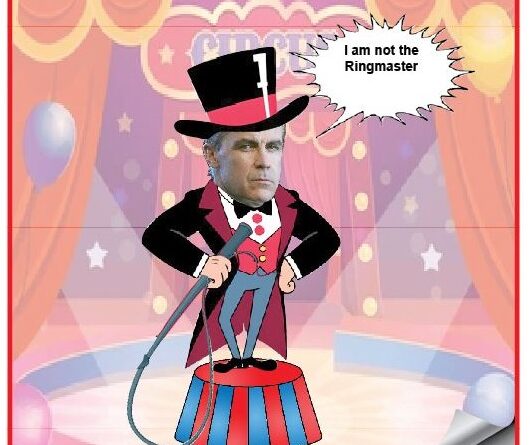 Caricature of a man in a magician's top hat and cape standing on a red circus stool on stage, saying, 'I am not the Ringmaster'.