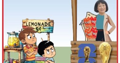 Cartoon scene with two kids at a lemonade stand looking toward a ticket booth selling FIFA World Cup Toronto tickets staffed by a woman behind the counter.