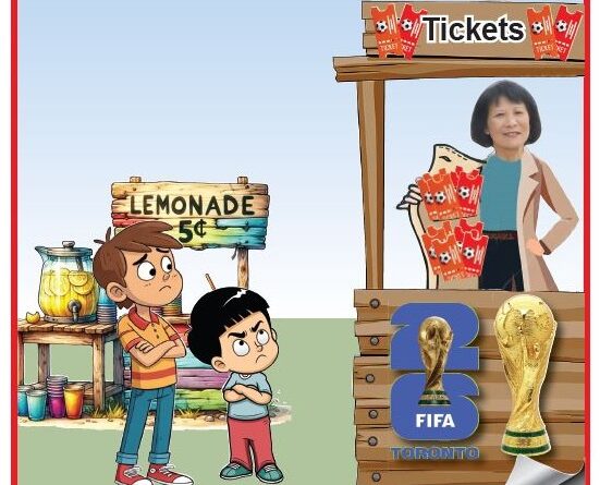 Cartoon scene with two kids at a lemonade stand looking toward a ticket booth selling FIFA World Cup Toronto tickets staffed by a woman behind the counter.