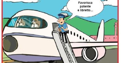 Cartoon of a police officer on airplane stairs talking to the cockpit crew, with a police car nearby and a speech bubble reading 'Favorisci patente e libretto...' (illustration about bribery)