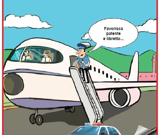Cartoon of a police officer on airplane stairs talking to the cockpit crew, with a police car nearby and a speech bubble reading 'Favorisci patente e libretto...' (illustration about bribery)