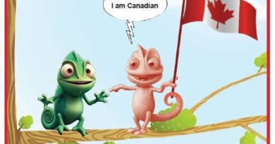 Two cartoon lizards on a tree branch; one holds a Canadian flag and says, 'I am Canadian'.