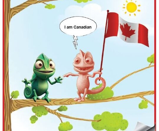 Two cartoon lizards on a tree branch; one holds a Canadian flag and says, 'I am Canadian'.