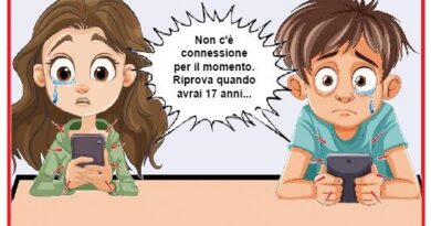 Two kids at a table holding phones, teary and disappointed, with a speech bubble: no connection now—come back when you're 17.