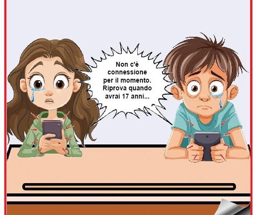 Two kids at a table holding phones, teary and disappointed, with a speech bubble: no connection now—come back when you're 17.
