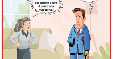 Cartoon panel: a woman arguing with a man on crutches in a living room; she says, 'Non dirmi che sei andato a fare il pieno alla macchina?' He replies, 'No, ho comprato due biglietti dei mondiali...'