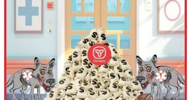 Political cartoon showing a large pile of money bags labeled with dollar signs, center red Ontario symbol, flanked by snarling dogs in a hospital setting. Intended as a critique of Ontario finances/chasing money.