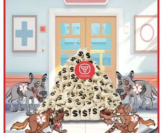 Political cartoon showing a large pile of money bags labeled with dollar signs, center red Ontario symbol, flanked by snarling dogs in a hospital setting. Intended as a critique of Ontario finances/chasing money.