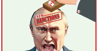 Political cartoon: a distressed Vladimir Putin with a 'NEW SANCTIONS' stamp pressed onto his head by a hand holding a stamp symbolizing imposed sanctions, in a bold illustration.