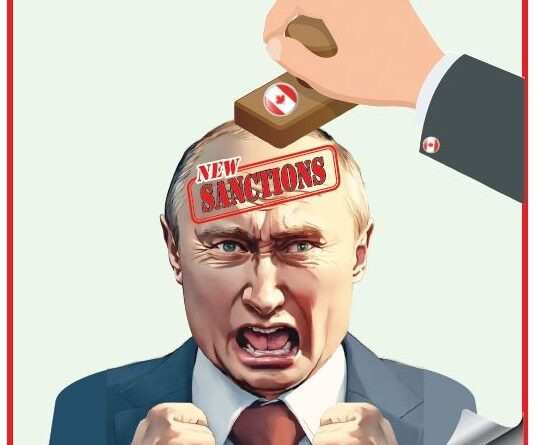 Political cartoon: a distressed Vladimir Putin with a 'NEW SANCTIONS' stamp pressed onto his head by a hand holding a stamp symbolizing imposed sanctions, in a bold illustration.