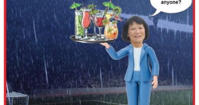 Cartoon woman in a blue suit offering a tray of colorful drinks in the rain, with the words 'Hydration breaks' above and a speech bubble: 'Drinks anyone?'