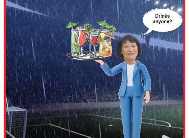 Cartoon woman in a blue suit offering a tray of colorful drinks in the rain, with the words 'Hydration breaks' above and a speech bubble: 'Drinks anyone?'