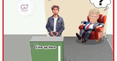 Cartoon photo booth scene with a photographer, a man in a red chair, and a green lineup box labeled 'Line up here' beneath a 'PHOTO BOOTH' sign, framed by Spider webs and a red border.