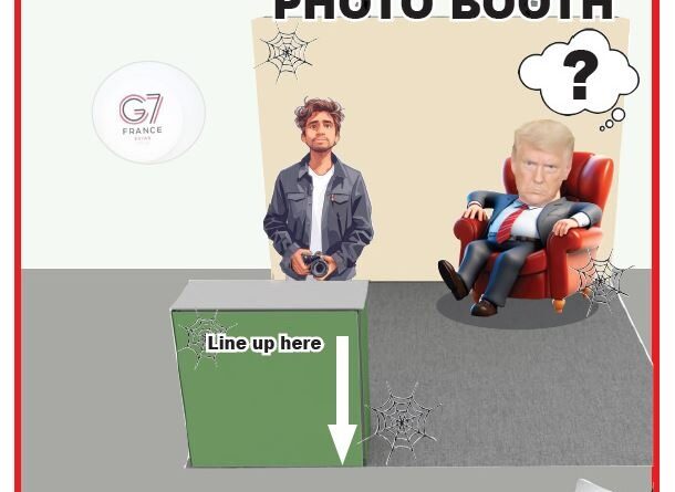 Cartoon photo booth scene with a photographer, a man in a red chair, and a green lineup box labeled 'Line up here' beneath a 'PHOTO BOOTH' sign, framed by Spider webs and a red border.
