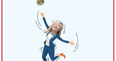 Cartoon of a woman in a blue suit leaping on a trampoline; shoes hang on a line above; speech bubble says, 'Oh no, Bonnie wants to run for Mayor again'.