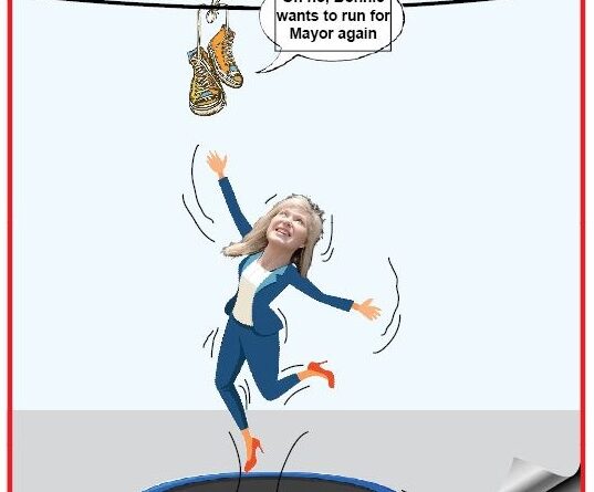Cartoon of a woman in a blue suit leaping on a trampoline; shoes hang on a line above; speech bubble says, 'Oh no, Bonnie wants to run for Mayor again'.