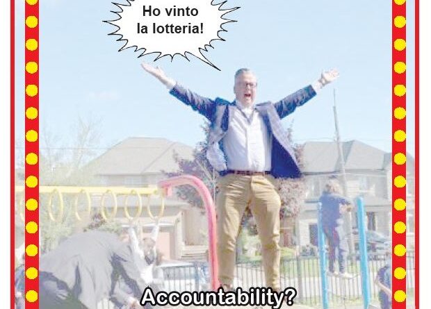 Man on playground equipment with arms raised in celebration, speech bubble reads 'Ho vinto la lotteria!' and caption 'Accountability?' beneath.