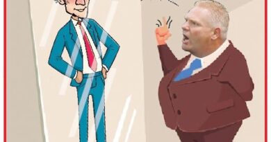 Cartoon showing a tall man in a blue suit facing a mirror; the other man, in a burgundy suit, points and shouts 'I am not Justin Trudeau.'