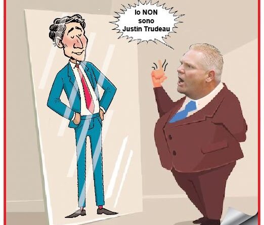 Cartoon showing a tall man in a blue suit facing a mirror; the other man, in a burgundy suit, points and shouts 'I am not Justin Trudeau.'