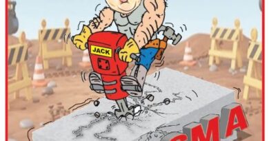 Political cartoon: caricature of a leader with a yellow hard hat using a jackhammer on a concrete block labeled 'CUSMA' at a construction site with barriers in the background.