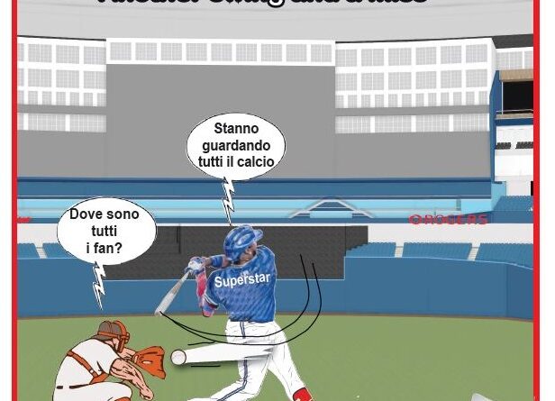 Cartoon baseball scene: batter swings and misses while a catcher asks where the fans are; they’re watching soccer as the crowd looks on.ansoches: (Dove sono tutti i fan? Stanno guardando tutti il calcio)