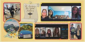 Colorful collage showing students in classrooms, video call screenshots, and decorative drawings from St. Gregory the Great Academy event scrapbook page—educational theme overall imagery.