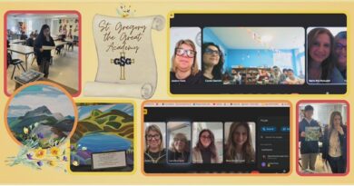 Colorful collage showing students in classrooms, video call screenshots, and decorative drawings from St. Gregory the Great Academy event scrapbook page—educational theme overall imagery.