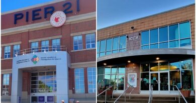 Two buildings side by side: left is a brick Pier 21 immigration museum entrance; right is a modern glass-front ICCA entry with curved canopy and stairs.