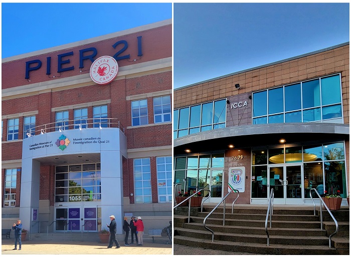 Two buildings side by side: left is a brick Pier 21 immigration museum entrance; right is a modern glass-front ICCA entry with curved canopy and stairs.