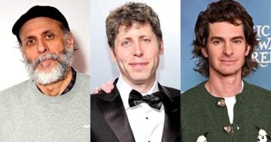 Collage of three men: left is an older man with a gray beard wearing a dark cap and light gray shirt; center man in a black tuxedo with a bow tie; right man with wavy hair wearing a green cardigan over a white shirt.