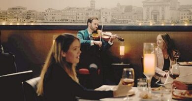 Violinist performing in a candlelit restaurant as guests enjoy dinner and drinks at a long table.