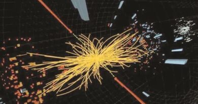 Bright yellow particle tracks radiate from a central collision point in a dark detector grid, depicting a high-energy physics event.