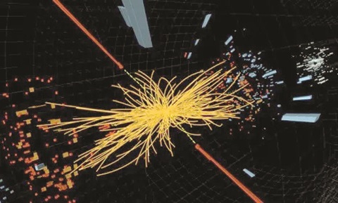 Bright yellow particle tracks radiate from a central collision point in a dark detector grid, depicting a high-energy physics event.
