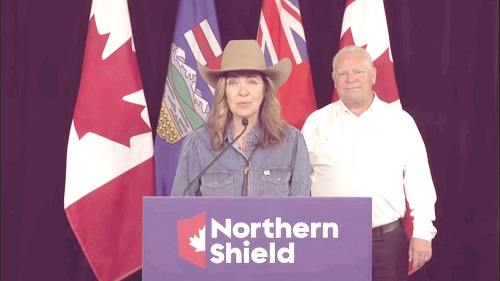 Woman wearing a cowboy hat and denim shirt speaks at a podium labeled 'Northern Shield' with flags behind her.
