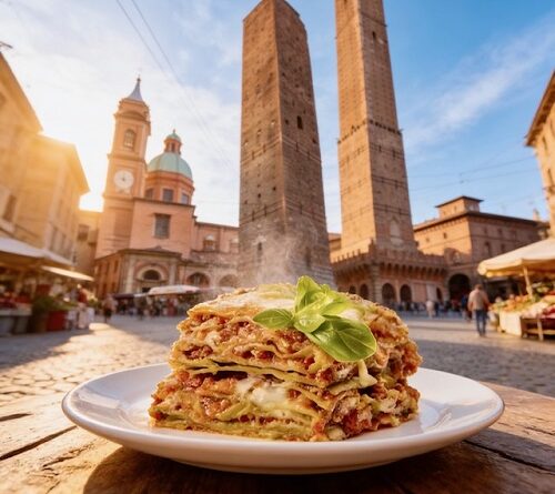 Lasagna on a plate garnished with basil, in a sunlit Bologna square with the Two Towers in the background.