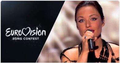 Eurovision Song Contest banner: left side logo with a heart motif, right side a female singer holding a microphone on stage.