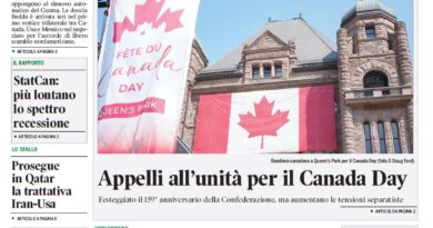 Front page of Corriere Canadese: Trump farewell headline; main photo shows Canadian flags and a building for Canada Day, with side stories and a bold green masthead.