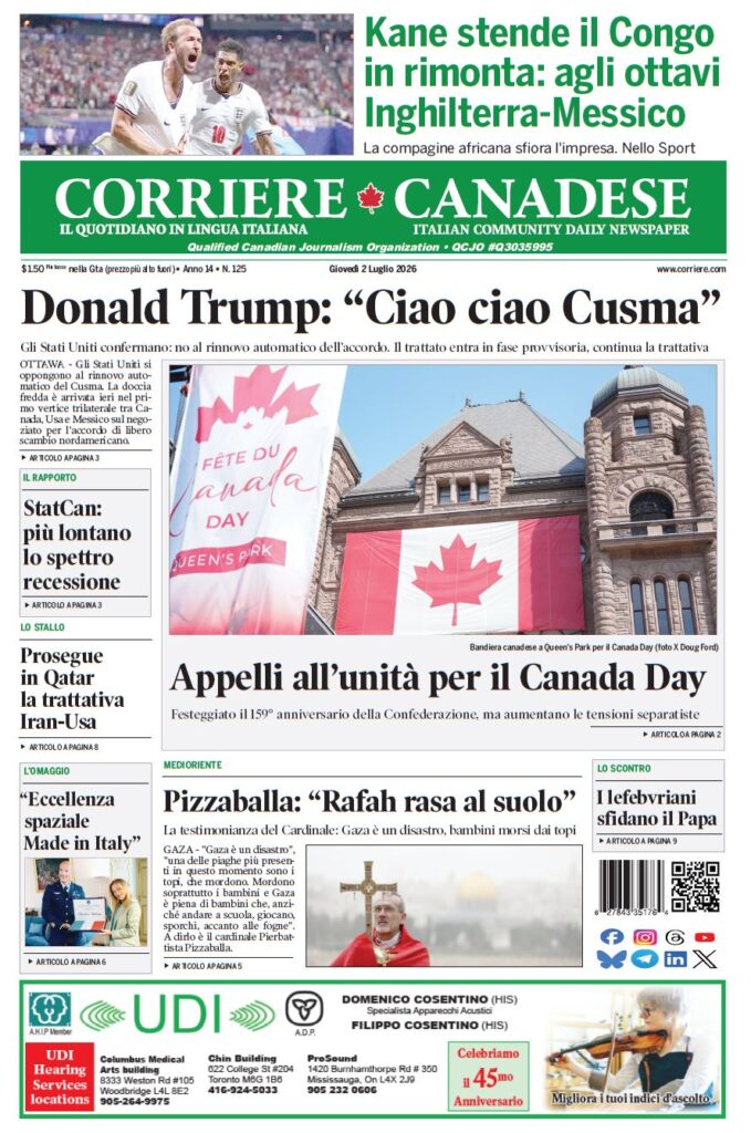 Front page of Corriere Canadese: Trump farewell headline; main photo shows Canadian flags and a building for Canada Day, with side stories and a bold green masthead.