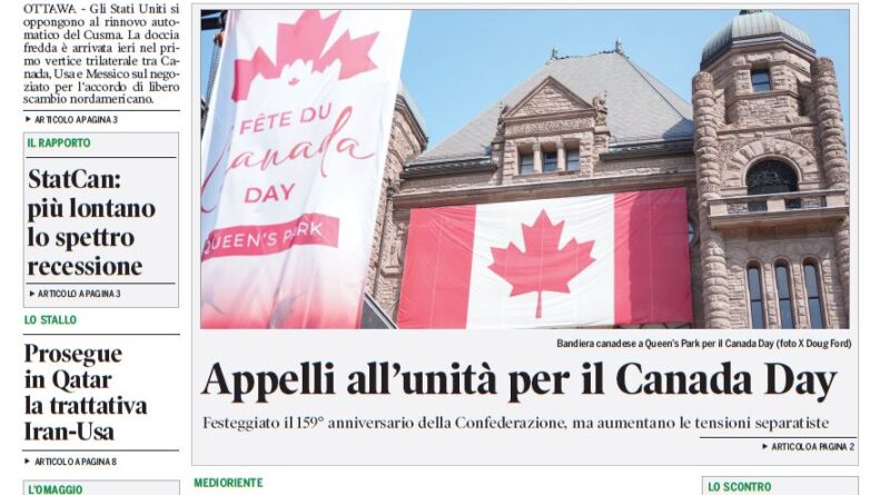 Front page of Corriere Canadese: Trump farewell headline; main photo shows Canadian flags and a building for Canada Day, with side stories and a bold green masthead.