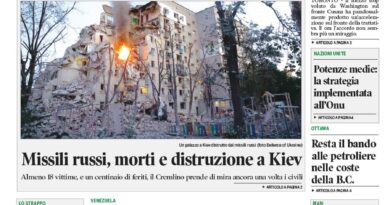 Front page of Corriere Canadese with a photo of a Kyiv building destroyed by Russian missiles and bold Italian headlines about an accelerated accord and casualties in Kiev.