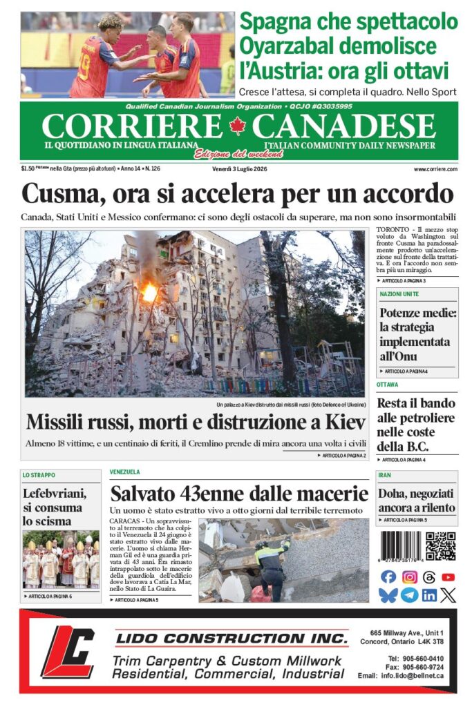 Front page of Corriere Canadese with a photo of a Kyiv building destroyed by Russian missiles and bold Italian headlines about an accelerated accord and casualties in Kiev.