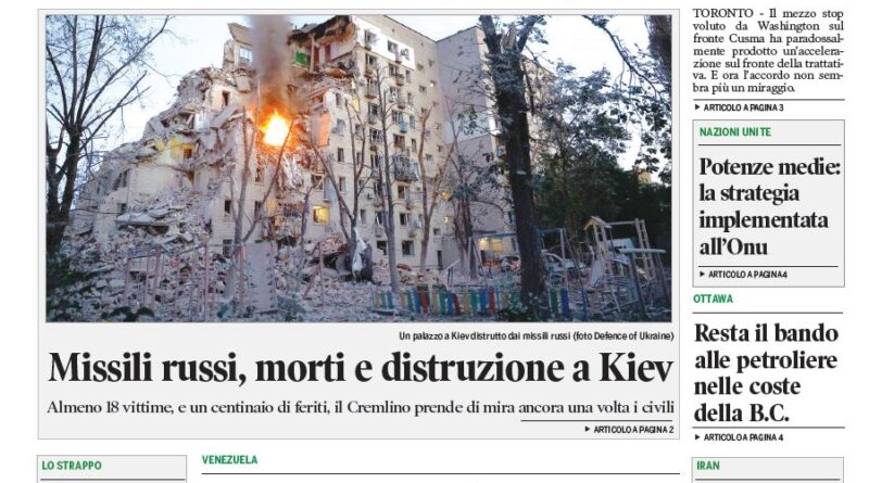 Front page of Corriere Canadese with a photo of a Kyiv building destroyed by Russian missiles and bold Italian headlines about an accelerated accord and casualties in Kiev.