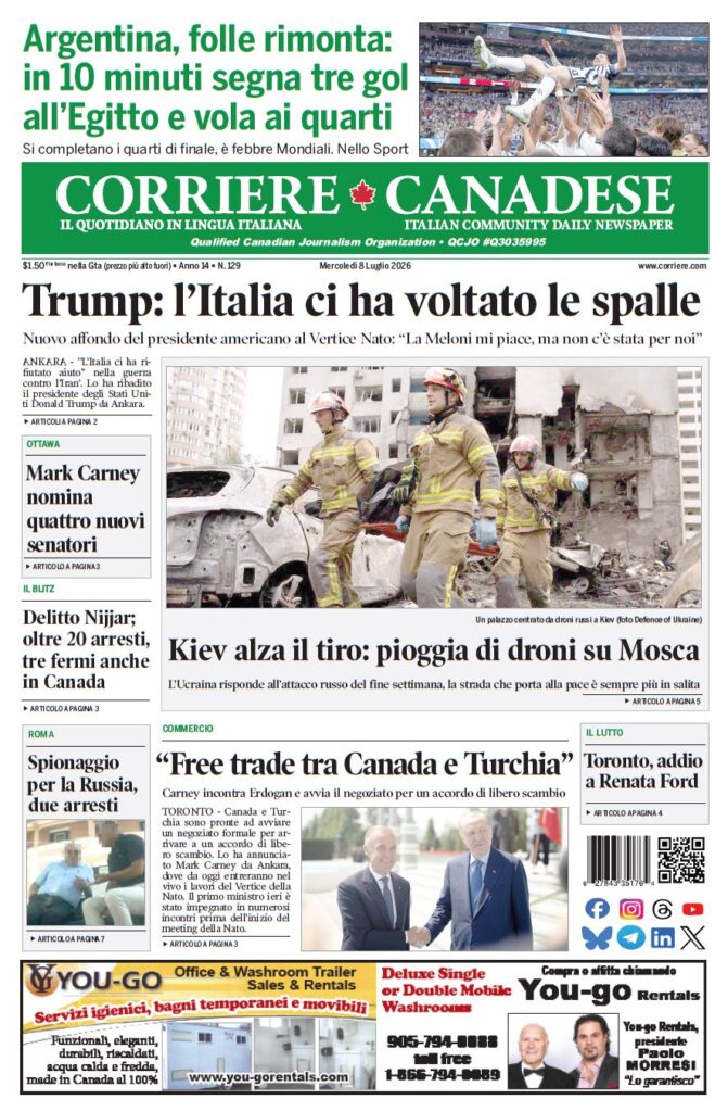 Front page of Corriere Canadese newspaper with a green masthead, large headline 'Trump: l’Italia ci ha voltato le spalle', and a photo of firefighters amid rubble in Kiev.
