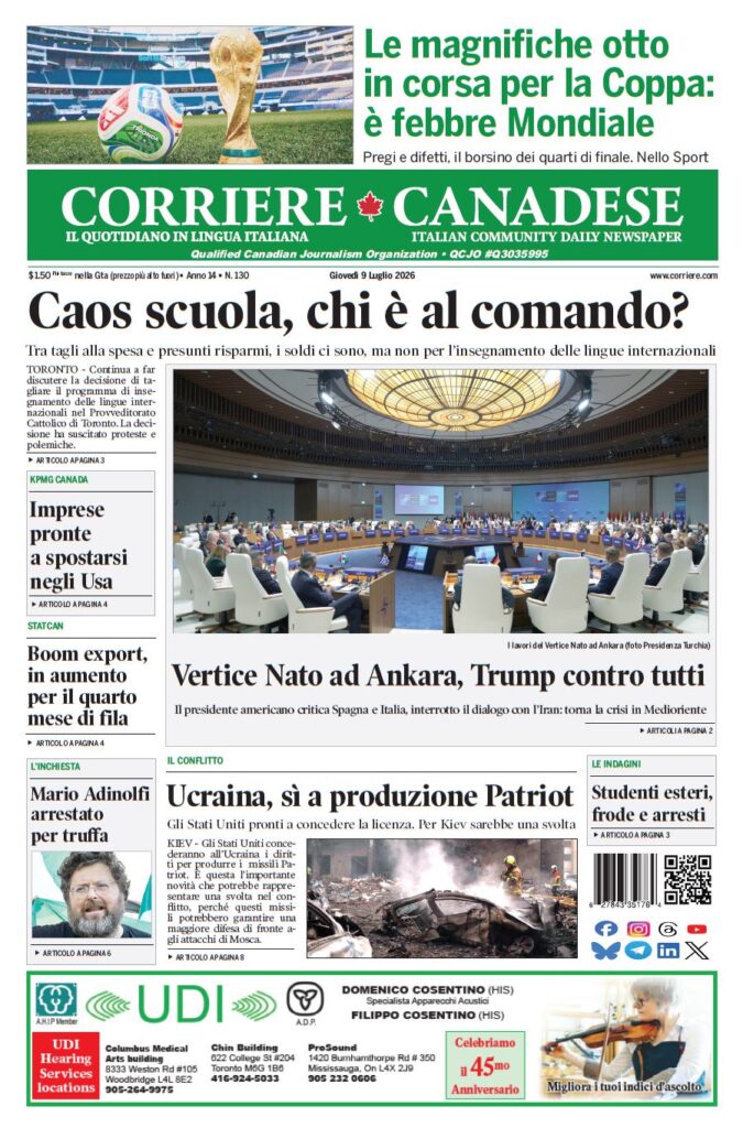 Front page of Corriere Canadese: bold headline 'Caos scuola, chi è al comando?' above a large image of a U.N.-style conference hall, with a green masthead banner reading 'CORRIERE CANADESE' and a stadium photo with a trophy in the top section.