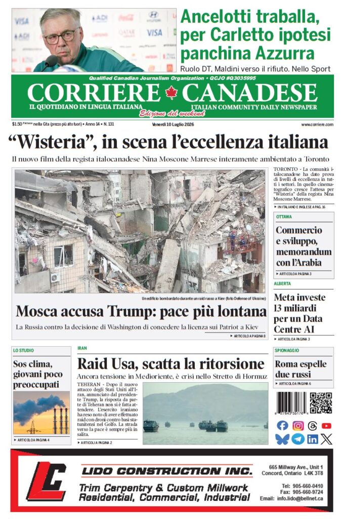 Front page of Corriere Canadese with a green masthead and a large photo of rubble and collapsed buildings under the headline Wisteria, in scena l'eccellenza italiana.