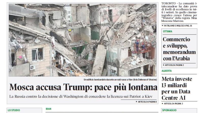 Front page of Corriere Canadese with a green masthead and a large photo of rubble and collapsed buildings under the headline Wisteria, in scena l'eccellenza italiana.