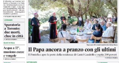 Corriere Canadese front page with a photo of the Pope dining outdoors with guests at Castel Gandolfo.